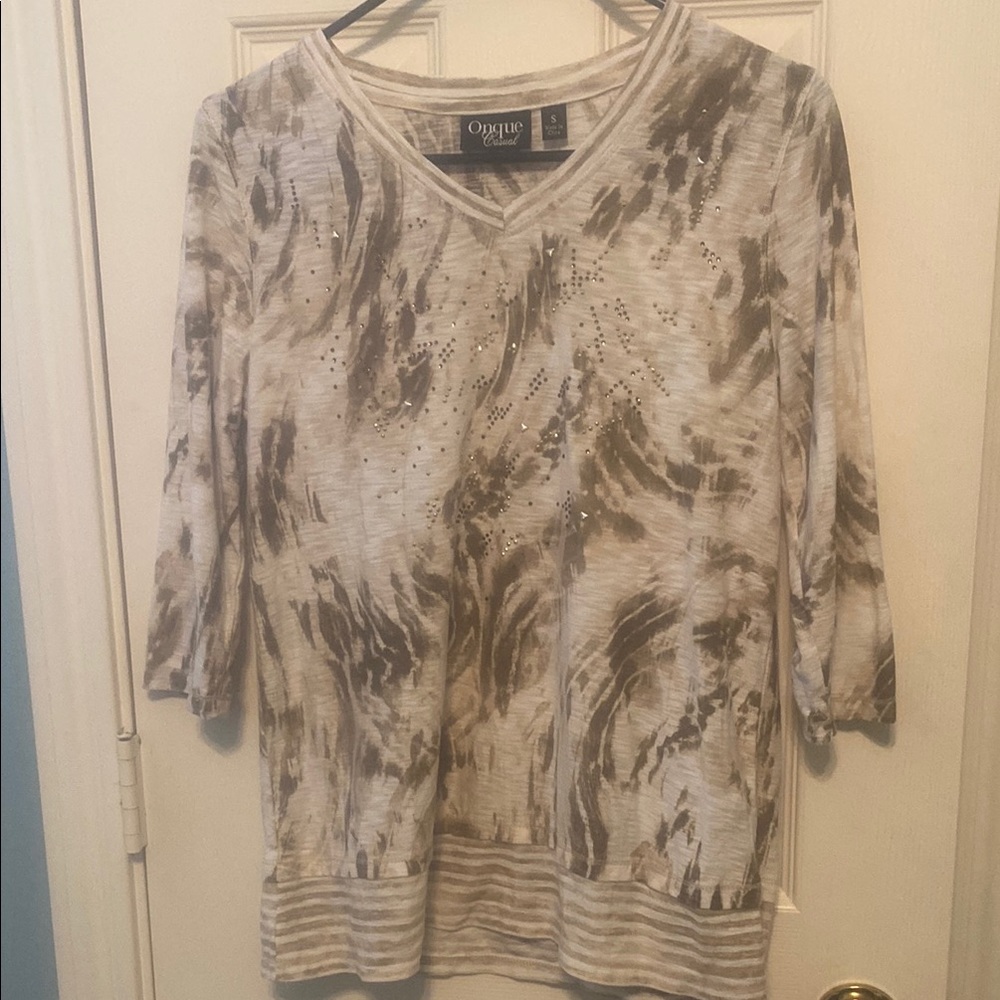 Brown and White V-Neck Top